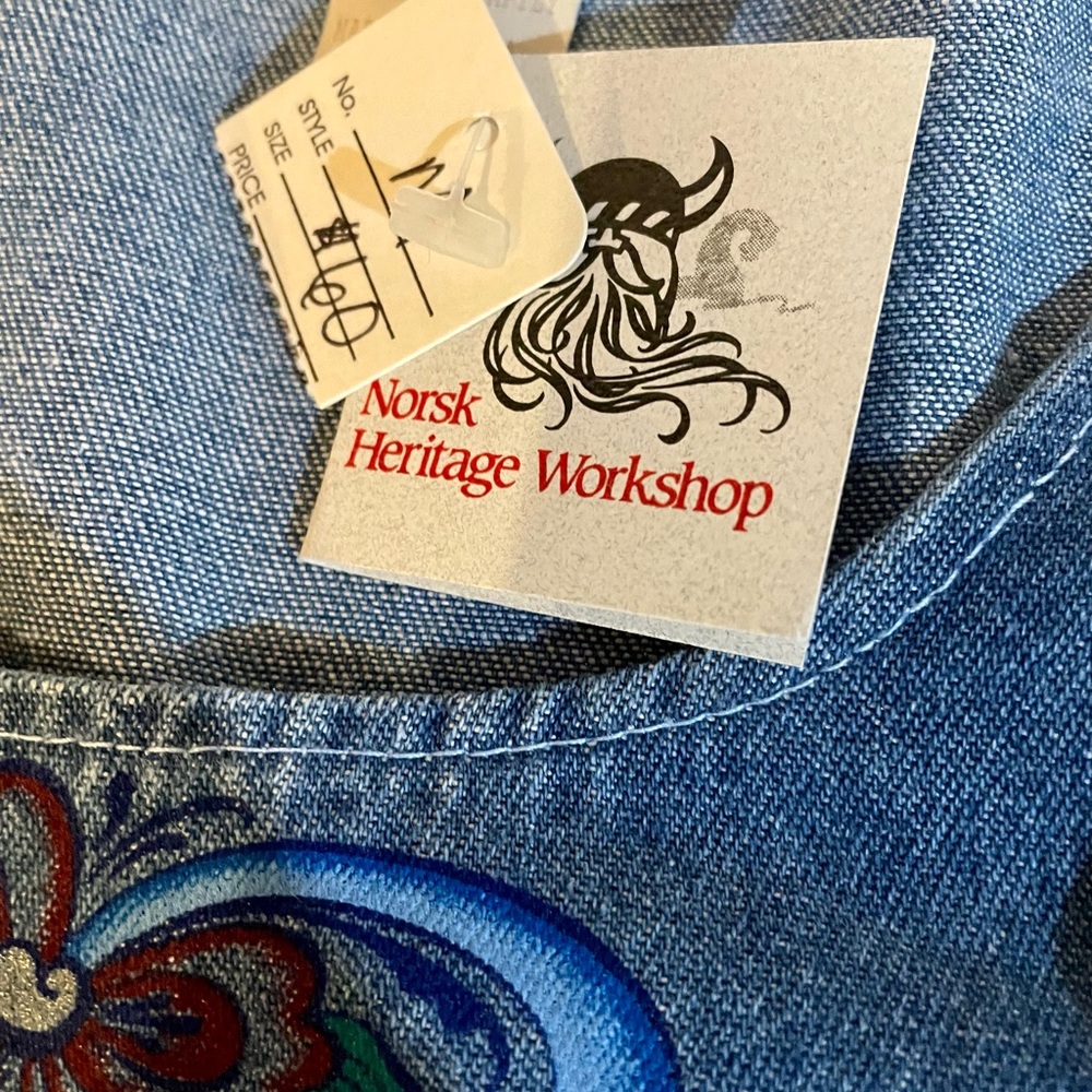 NWT VINTAGE Ethnic Norwegian Hand Painted Medium Cotton Denim Dress Vest M USA - Picture 5 of 9
